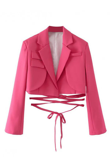 Hot Pink Notched Lapel Tie Cropped Women's Blazer